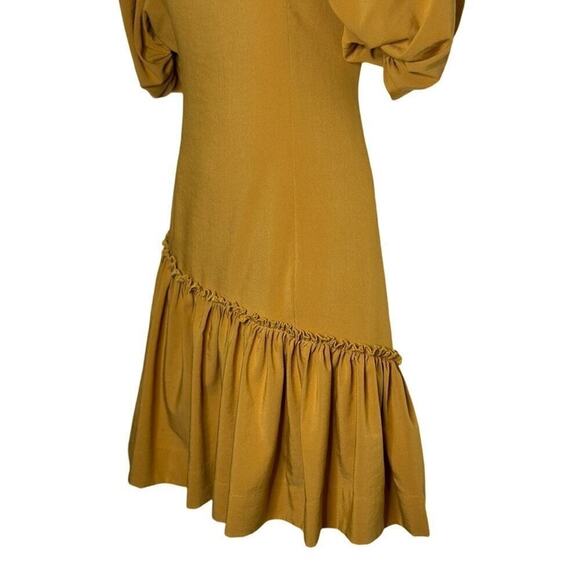 Marigold Line & Dot Ruffle Asymmetrical Puff Sleeve Yoko Mini Dress Size Small - Picture 3 of 11